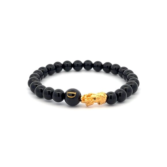RAFANTHIA Jewelry - 18K Gold Pixiu Piyao Bracelet Gemstones Onyx 6mm Elastic Bracelet Letter D